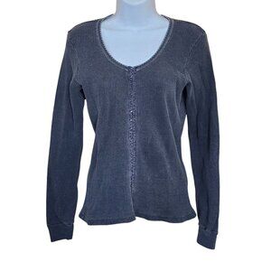 Vintage Waffle Knit hook and eye Blue Long Sleeve Top boho cottagecore peasant